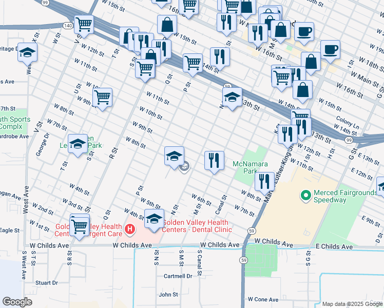 map of restaurants, bars, coffee shops, grocery stores, and more near 720 West 9th Street in Merced