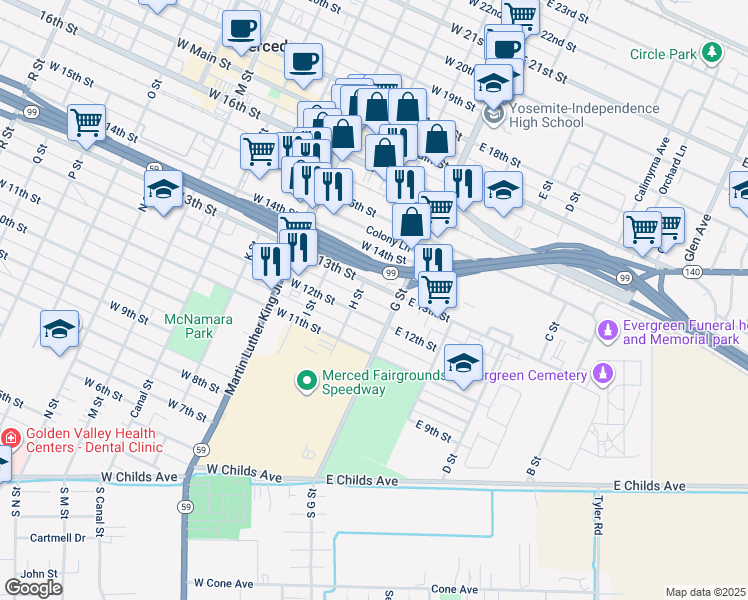 map of restaurants, bars, coffee shops, grocery stores, and more near 1250 H Street in Merced
