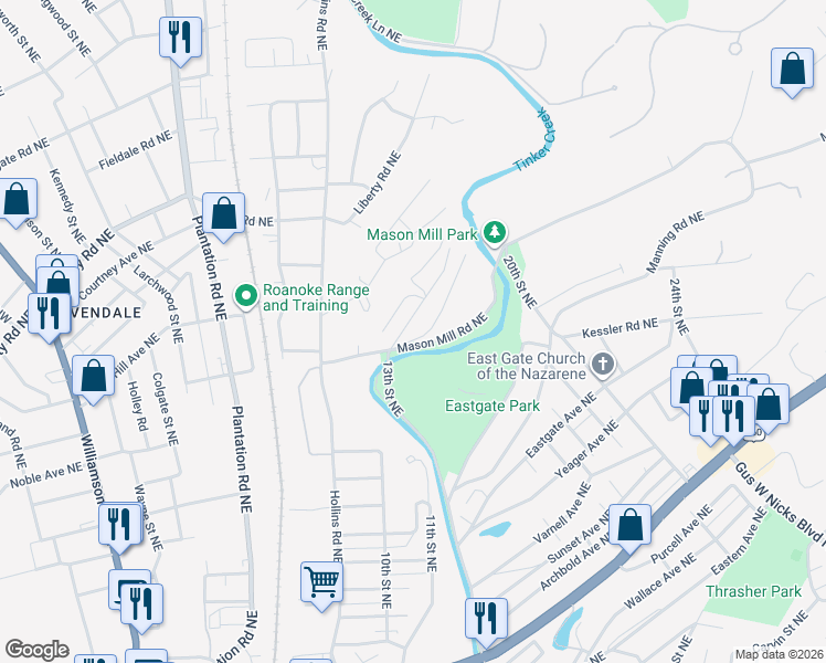map of restaurants, bars, coffee shops, grocery stores, and more near 2242 Overlook Road Northeast in Roanoke