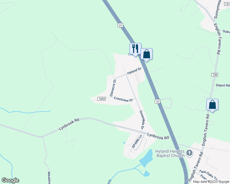 map of restaurants, bars, coffee shops, grocery stores, and more near 102 Glenacre Drive in Rustburg