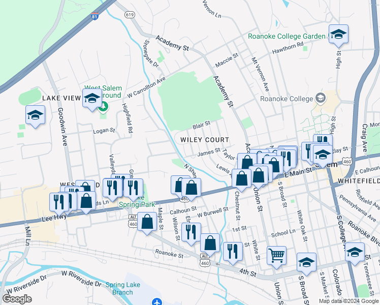 map of restaurants, bars, coffee shops, grocery stores, and more near 205 Locust Avenue in Salem