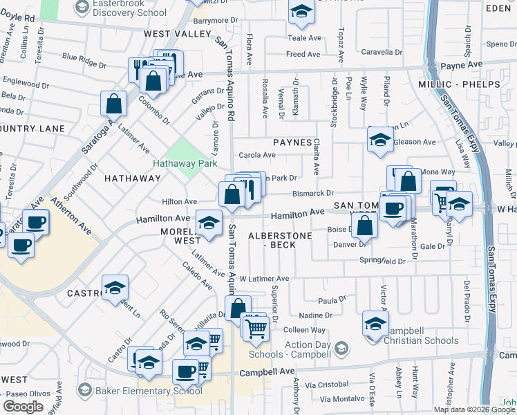 map of restaurants, bars, coffee shops, grocery stores, and more near 1581 Mendenhall Drive in San Jose