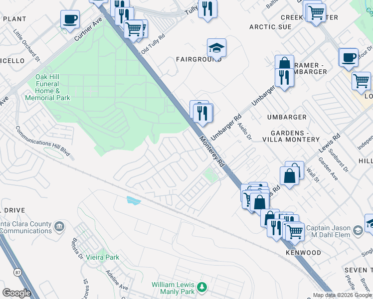 map of restaurants, bars, coffee shops, grocery stores, and more near 139 Chateau La Salle Drive in San Jose