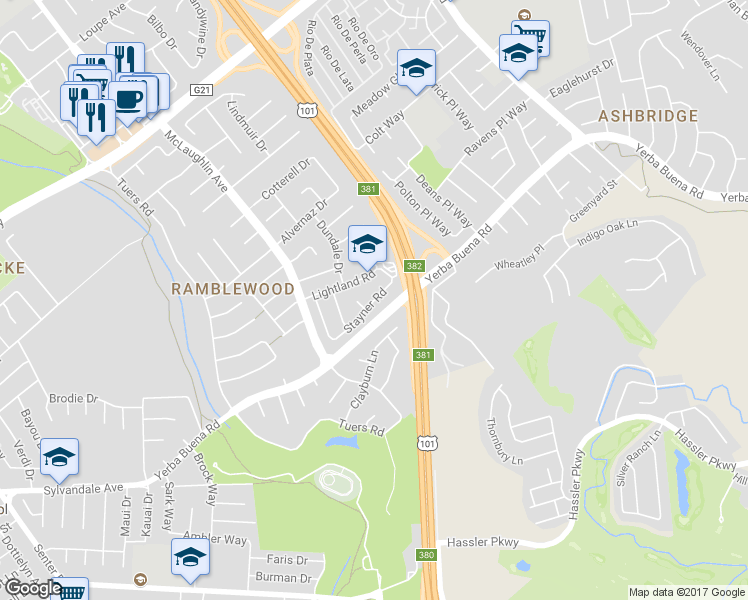 map of restaurants, bars, coffee shops, grocery stores, and more near 1335 Stayner Rd in San Jose