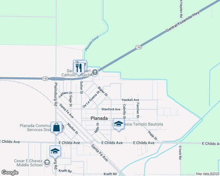 map of restaurants, bars, coffee shops, grocery stores, and more near 9370 Bigler Drive in Planada