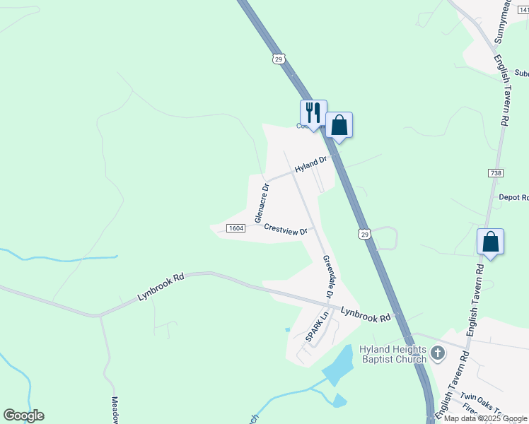 map of restaurants, bars, coffee shops, grocery stores, and more near 102 Glenacre Drive in Rustburg
