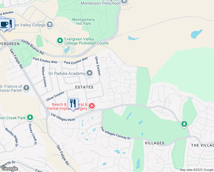 map of restaurants, bars, coffee shops, grocery stores, and more near 5493 Cribari Bend in San Jose