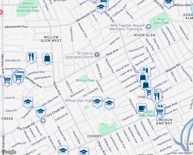map of restaurants, bars, coffee shops, grocery stores, and more near 1817 Marlyn Way in San Jose