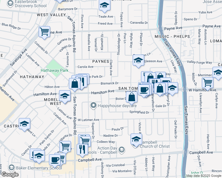 map of restaurants, bars, coffee shops, grocery stores, and more near 3903 Hamilton Avenue in San Jose