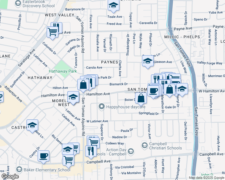 map of restaurants, bars, coffee shops, grocery stores, and more near 3979 Hamilton Avenue in San Jose