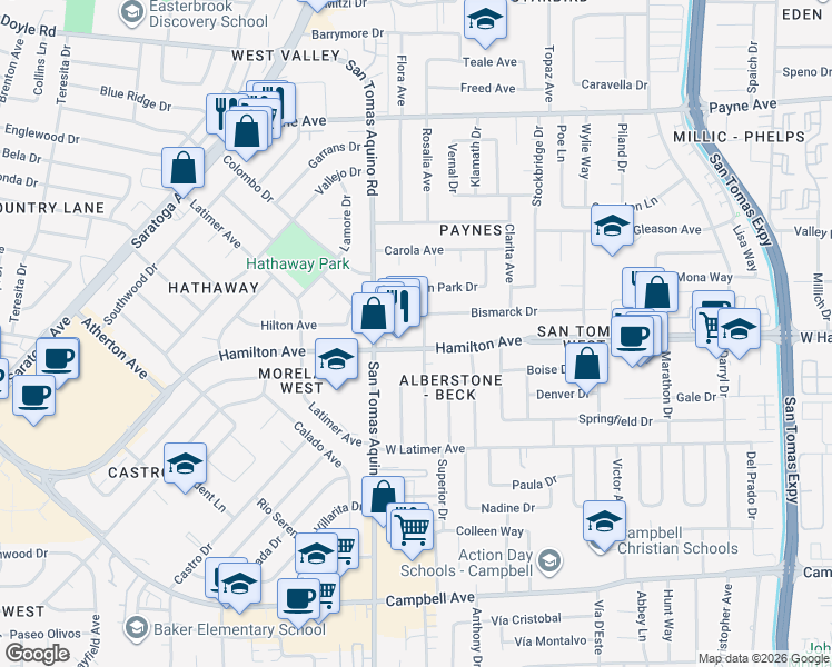 map of restaurants, bars, coffee shops, grocery stores, and more near 4163 Hamilton Avenue in San Jose