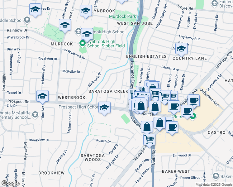 map of restaurants, bars, coffee shops, grocery stores, and more near 1601 Petersen Avenue in San Jose