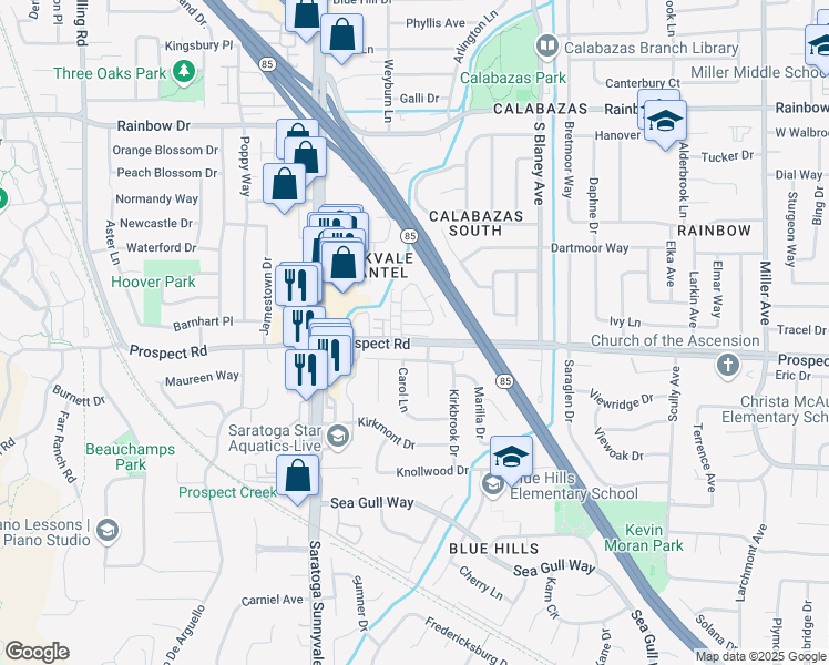 map of restaurants, bars, coffee shops, grocery stores, and more near 1525 Brookvale Drive in San Jose