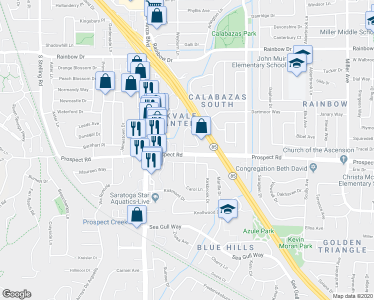 map of restaurants, bars, coffee shops, grocery stores, and more near 7157 Brisbane Court in San Jose