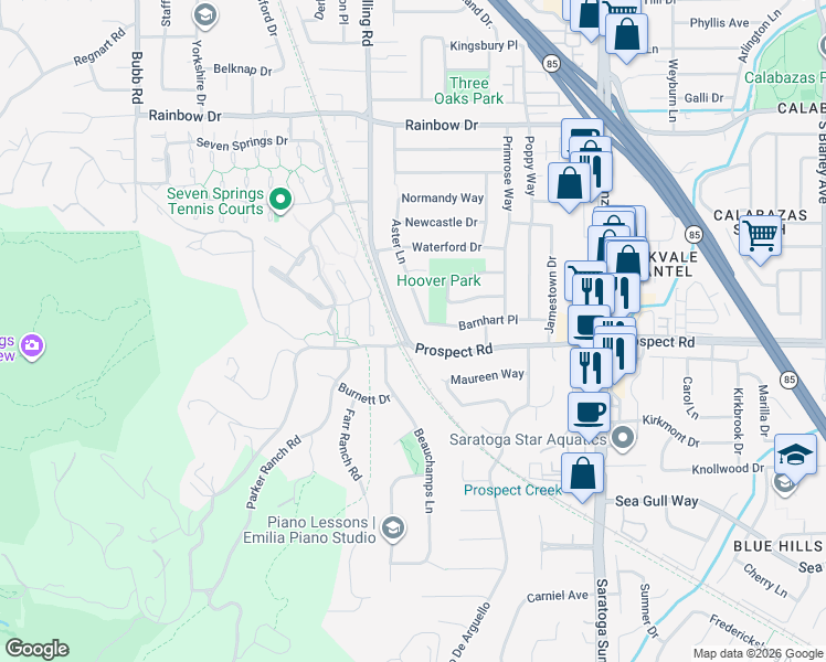 map of restaurants, bars, coffee shops, grocery stores, and more near 1642 South Stelling Road in Cupertino