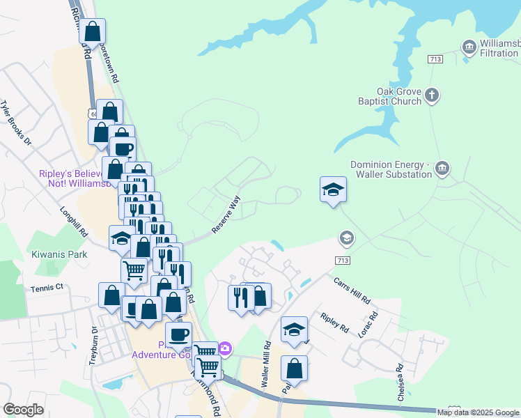 map of restaurants, bars, coffee shops, grocery stores, and more near 208 Christopher Lane in Williamsburg