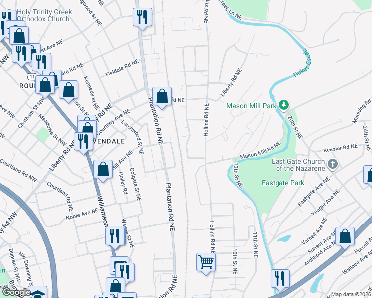 map of restaurants, bars, coffee shops, grocery stores, and more near 2220 Ridgefield Street Northeast in Roanoke