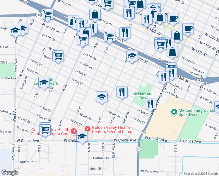 map of restaurants, bars, coffee shops, grocery stores, and more near 720 West 9th Street in Merced