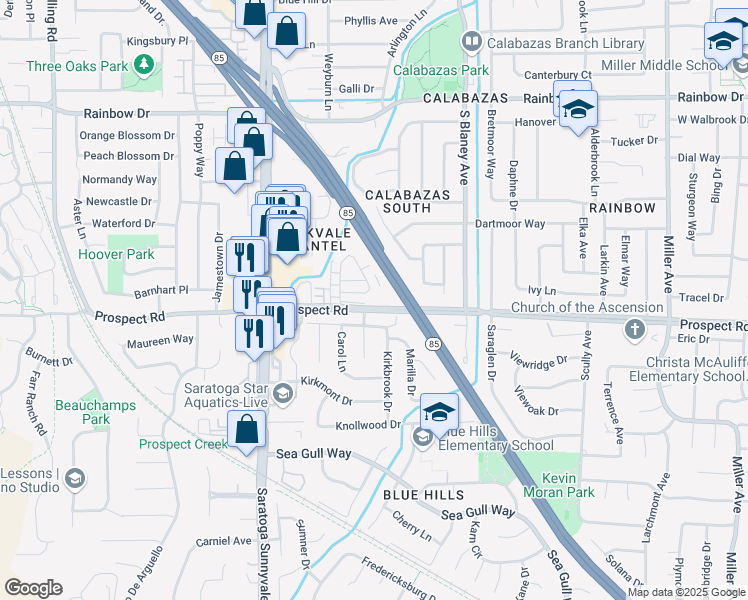 map of restaurants, bars, coffee shops, grocery stores, and more near 1525 Brookvale Drive in San Jose