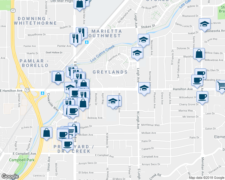 map of restaurants, bars, coffee shops, grocery stores, and more near Hamilton Ave & Dover Way in Campbell