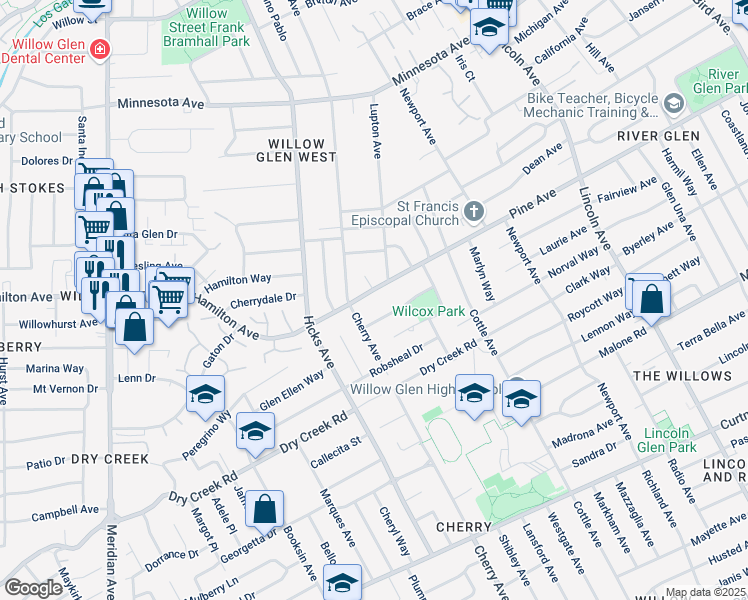 map of restaurants, bars, coffee shops, grocery stores, and more near 1344 Pine Avenue in San Jose