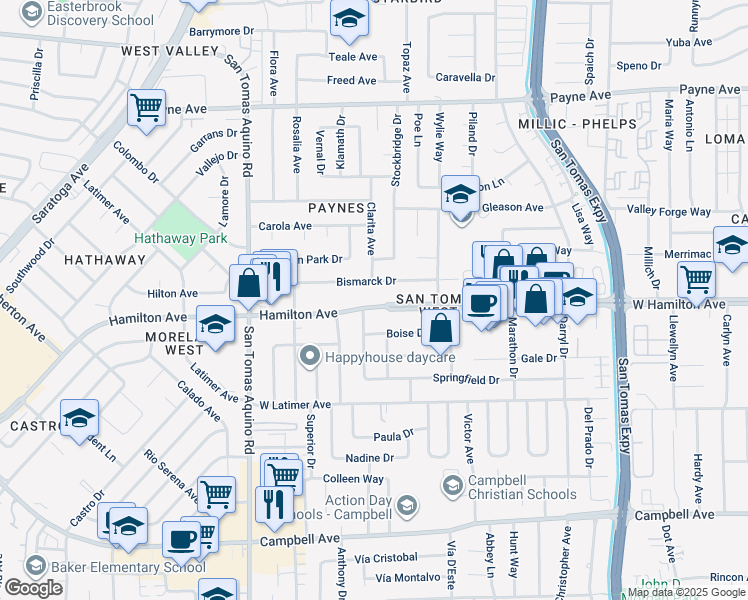 map of restaurants, bars, coffee shops, grocery stores, and more near 3915 Hamilton Avenue in San Jose