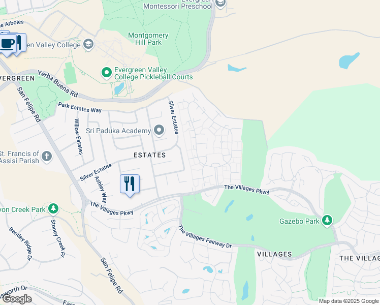 map of restaurants, bars, coffee shops, grocery stores, and more near 5493 Cribari Bend in San Jose