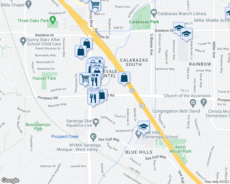 map of restaurants, bars, coffee shops, grocery stores, and more near 7157 Brisbane Court in San Jose