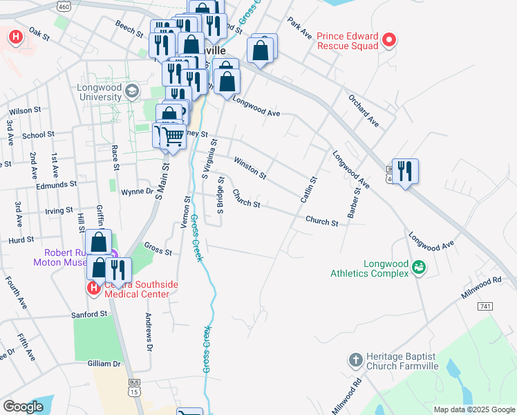 map of restaurants, bars, coffee shops, grocery stores, and more near 505 Church Street in Farmville