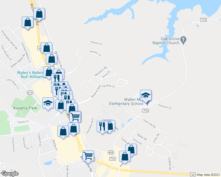 map of restaurants, bars, coffee shops, grocery stores, and more near 208 Christopher Lane in Williamsburg