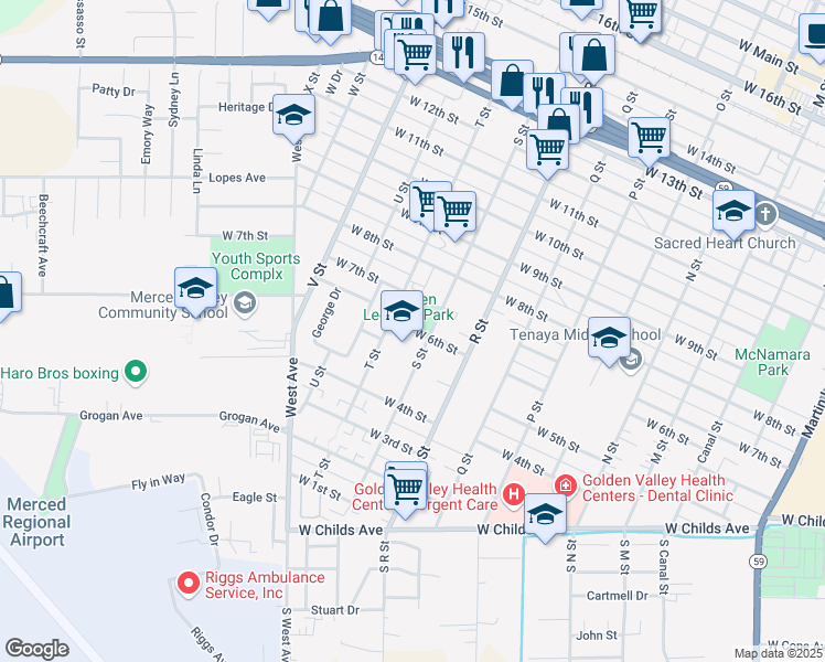 map of restaurants, bars, coffee shops, grocery stores, and more near 1240 West 6th Street in Merced