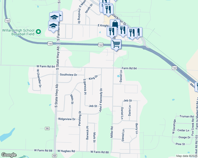 map of restaurants, bars, coffee shops, grocery stores, and more near 604-606 John F Kennedy Dr in Willard
