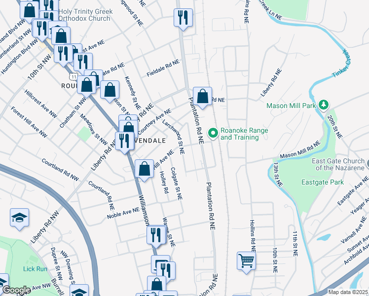 map of restaurants, bars, coffee shops, grocery stores, and more near 2151 Larchwood Street Northeast in Roanoke