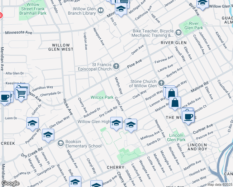 map of restaurants, bars, coffee shops, grocery stores, and more near 1820 Cottle Avenue in San Jose