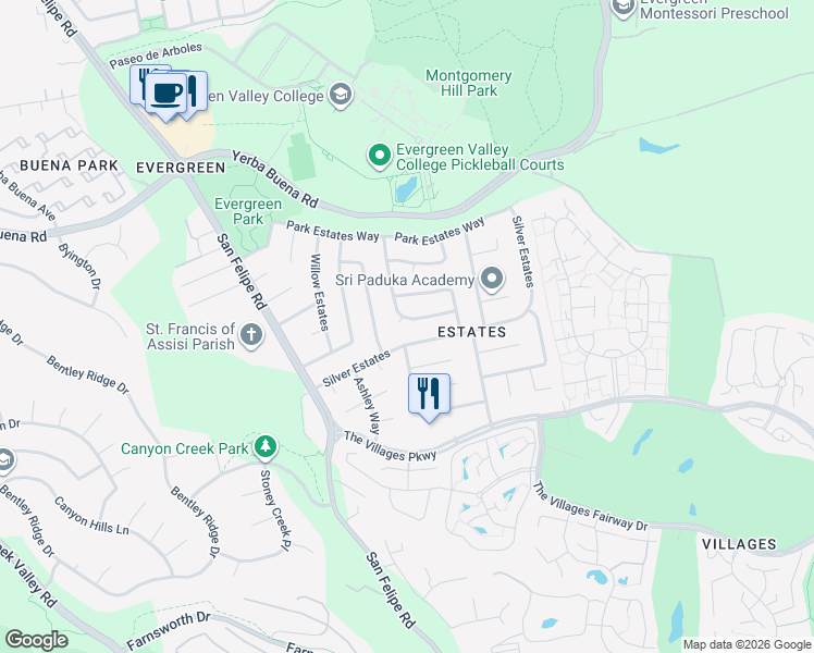 map of restaurants, bars, coffee shops, grocery stores, and more near 5171 Sunny Creek Drive in San Jose