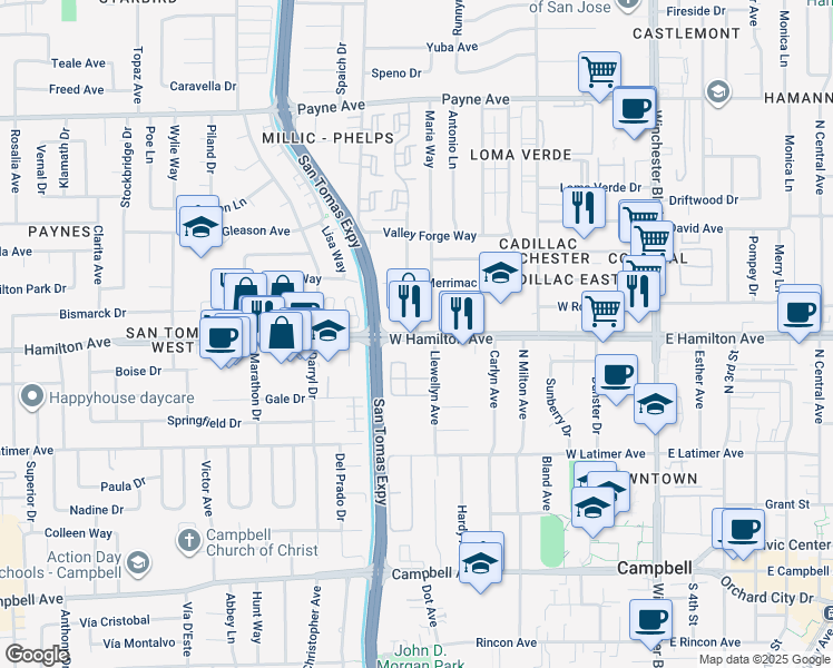 map of restaurants, bars, coffee shops, grocery stores, and more near 400 Millich Drive in Campbell