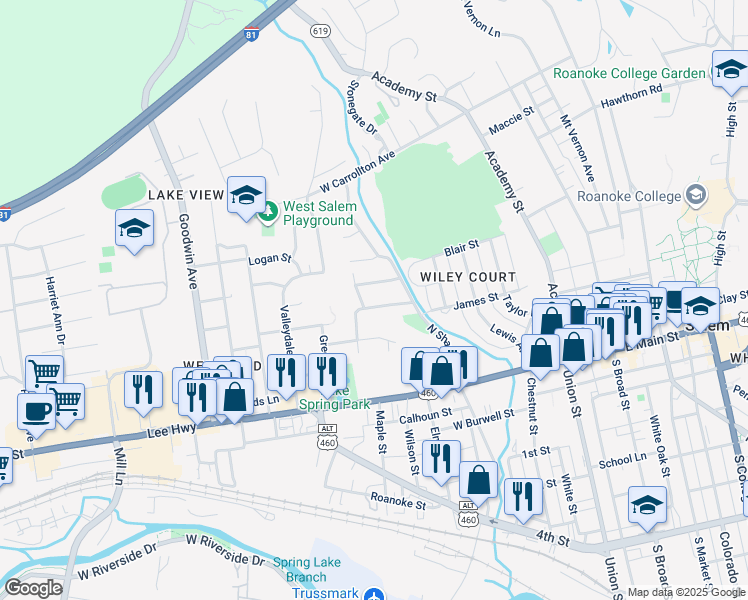 map of restaurants, bars, coffee shops, grocery stores, and more near 635 Lou Ann Street in Salem