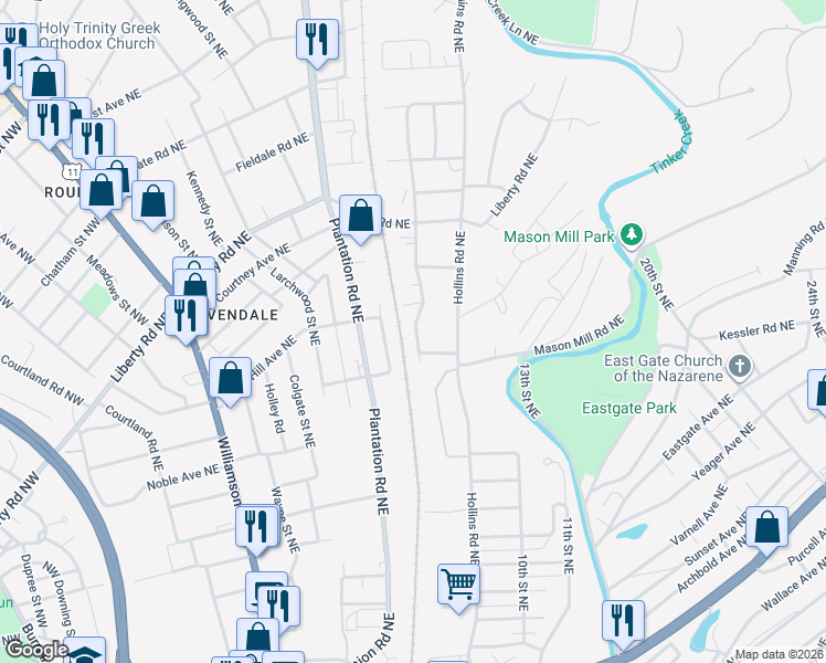 map of restaurants, bars, coffee shops, grocery stores, and more near 2220 Ridgefield Street Northeast in Roanoke