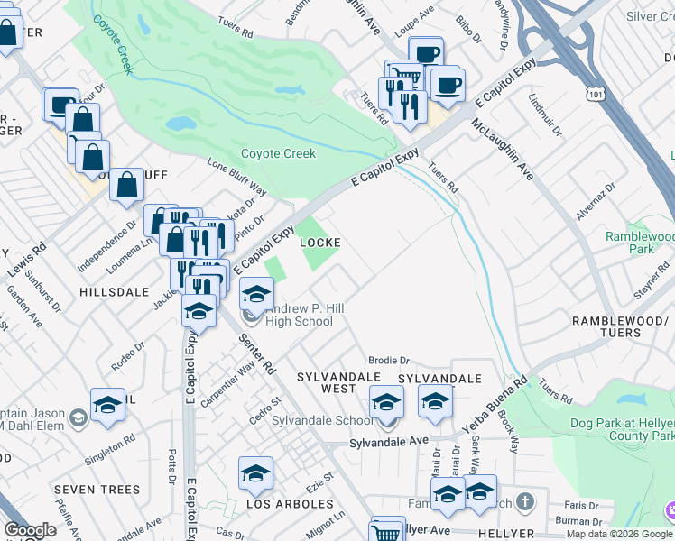 map of restaurants, bars, coffee shops, grocery stores, and more near 3297 Lantern Way in San Jose