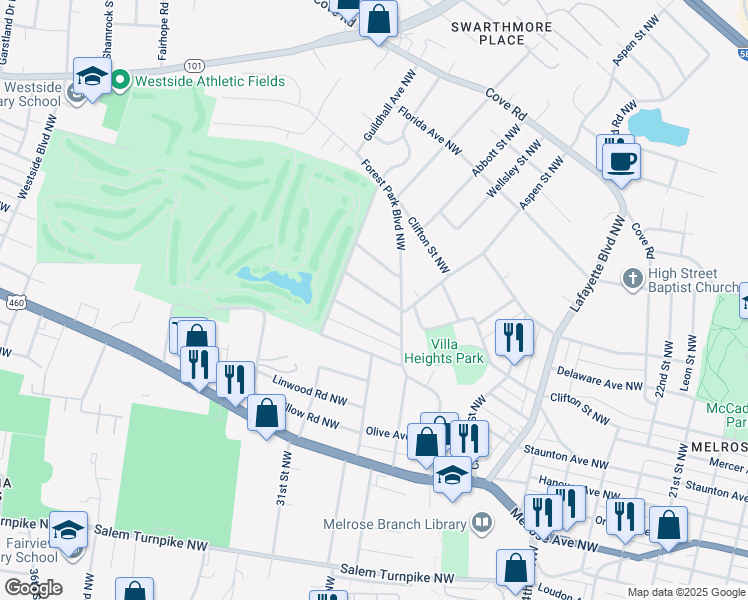 map of restaurants, bars, coffee shops, grocery stores, and more near 2926 Grand Avenue Northwest in Roanoke