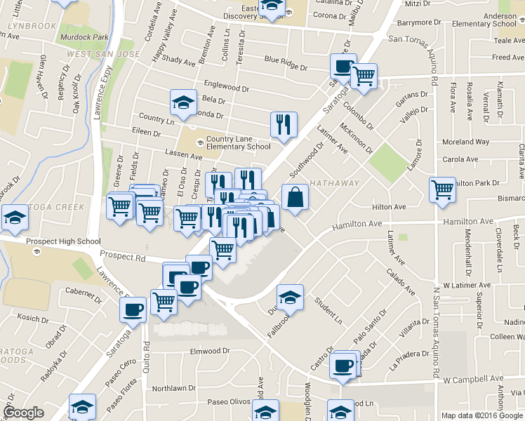 map of restaurants, bars, coffee shops, grocery stores, and more near 4842 Atherton Avenue in San Jose
