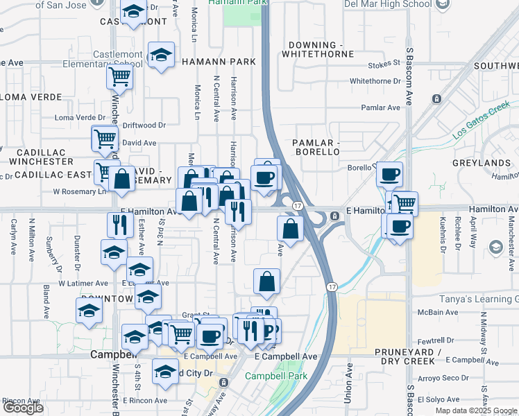 map of restaurants, bars, coffee shops, grocery stores, and more near 525 East Hamilton Avenue in Campbell