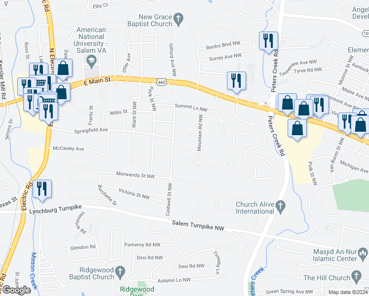 map of restaurants, bars, coffee shops, grocery stores, and more near 849 Pinewood Drive Northwest in Roanoke