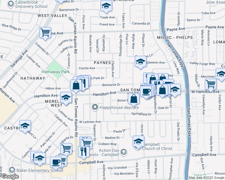 map of restaurants, bars, coffee shops, grocery stores, and more near 3903 Hamilton Avenue in San Jose