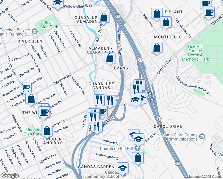 map of restaurants, bars, coffee shops, grocery stores, and more near 2150 Almaden Road in San Jose