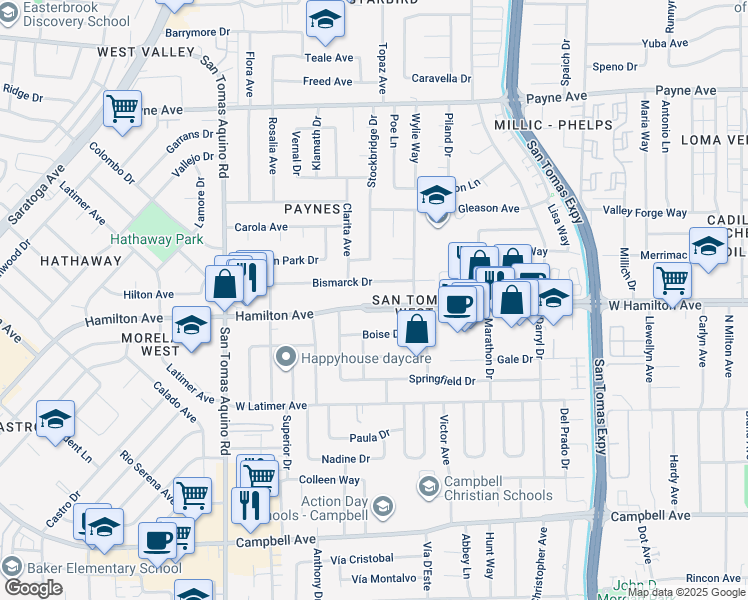 map of restaurants, bars, coffee shops, grocery stores, and more near 1159 West Hamilton Avenue in Campbell
