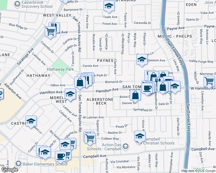 map of restaurants, bars, coffee shops, grocery stores, and more near 3979 Hamilton Avenue in San Jose