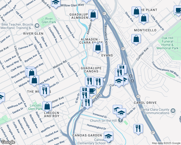 map of restaurants, bars, coffee shops, grocery stores, and more near 766 Nirasa Lane in San Jose
