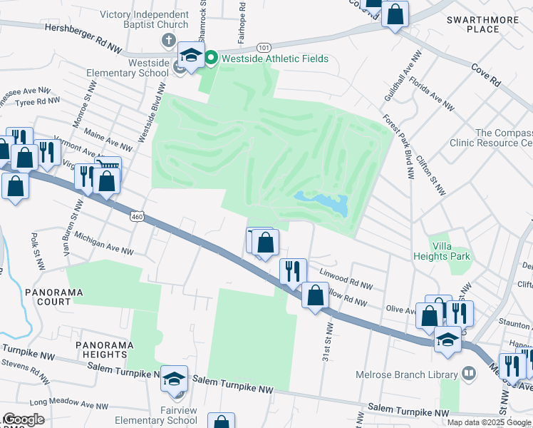 map of restaurants, bars, coffee shops, grocery stores, and more near 3360 Old Country Club Road Northwest in Roanoke