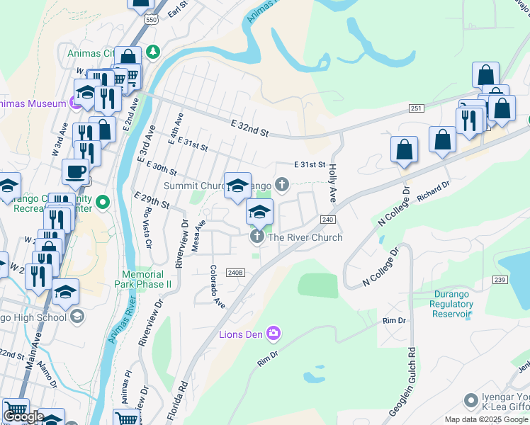 map of restaurants, bars, coffee shops, grocery stores, and more near 2900 Mesa Avenue in Durango